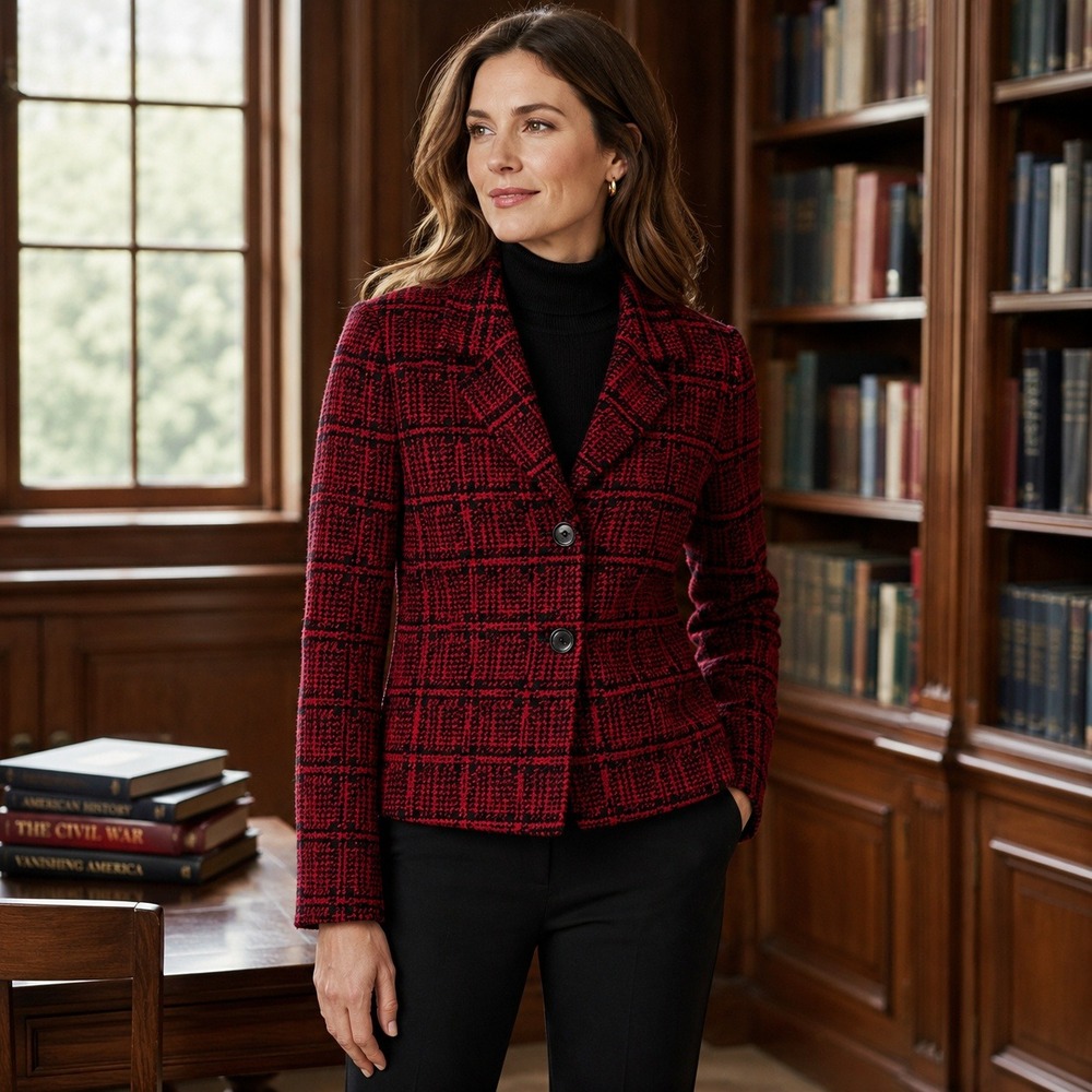 Talbots Wool Blend Plaid Blazer Wmns 10 Red Black Dark Academia Preppy Old Money